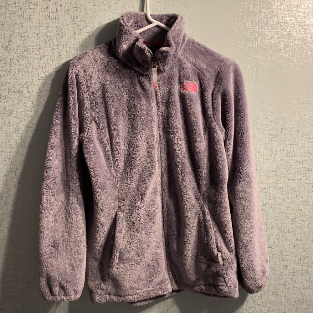 Gray North Face fleece jacket.